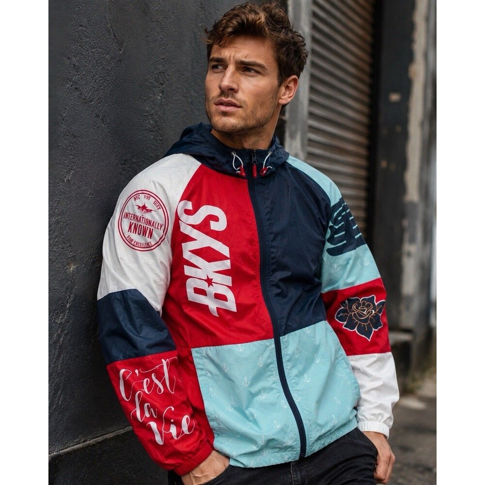 BKYS Sport Mens L Hooded Windbreaker Jacket Colorblock Travel Lightweight Red